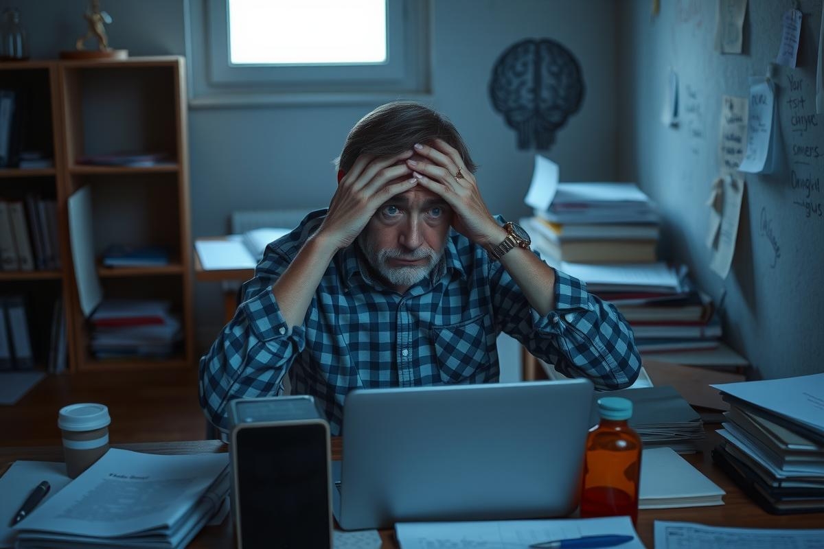 The image depicts a man sitting at a desk, looking distressed with his hands on his head. The setting appears to be an office environment, as there are books and papers scattered around. The man's facial expression conveys stress or frustration, possibly indicating he is overwhelmed by work.