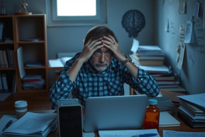 The image depicts a man sitting at a desk, looking distressed with his hands on his head. The setting appears to be an office environment, as there are books and papers scattered around. The man's facial expression conveys stress or frustration, possibly indicating he is overwhelmed by work.