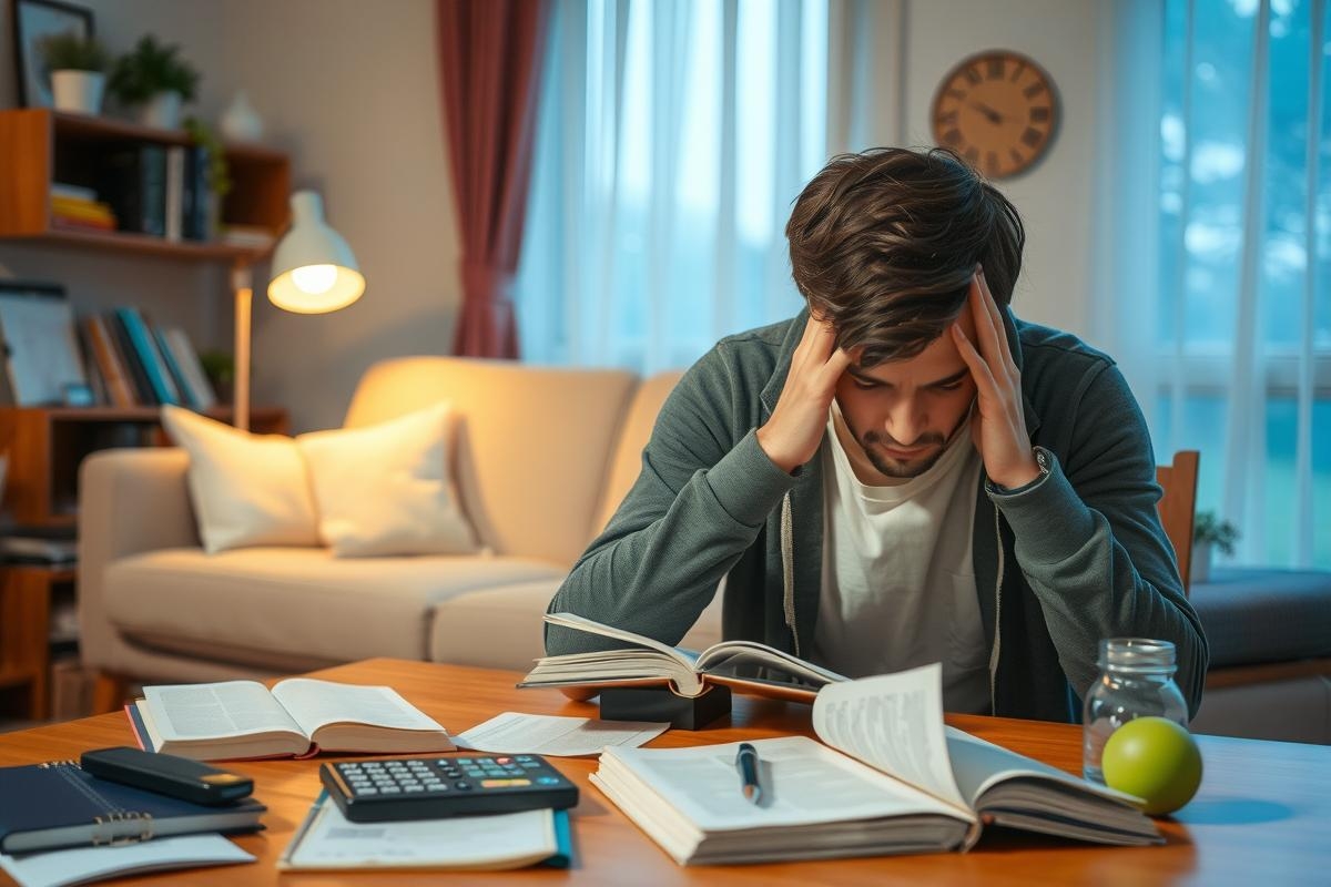 The image portrays a young man in an indoor setting, who appears to be deep in thought or possibly experiencing frustration. He is seated at a cluttered desk with various objects such as books, papers, and a calculator.