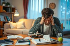 The image portrays a young man in an indoor setting, who appears to be deep in thought or possibly experiencing frustration. He is seated at a cluttered desk with various objects such as books, papers, and a calculator.