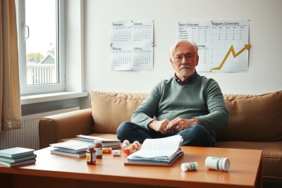 The image shows an older man seated on a couch in a room that appears to be his office or study. He has white hair and is wearing a sweater. The room has a desk with various items scattered about, including papers, books, and bottles of prescription medication.