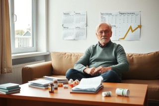 The image shows an older man seated on a couch in a room that appears to be his office or study. He has white hair and is wearing a sweater. The room has a desk with various items scattered about, including papers, books, and bottles of prescription medication.