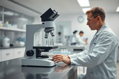 Scientist working in a modern laboratory setting. A detailed microscope is the central focus, with a researcher in a white lab coat adjusting controls. Background shows other scientists and lab equipment, creating a scientific research environment. Predominant colors are white, grey, and silver.