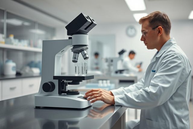 Scientist working in a modern laboratory setting. A detailed microscope is the central focus, with a researcher in a white lab coat adjusting controls. Background shows other scientists and lab equipment, creating a scientific research environment. Predominant colors are white, grey, and silver.