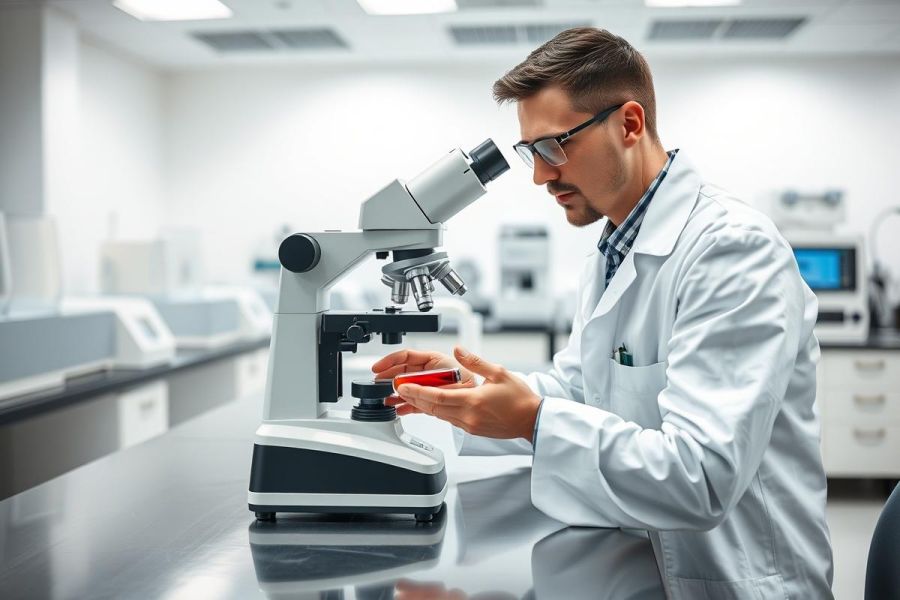 Scientist in a modern laboratory examining a sample under a microscope. The image showcases scientific research, biology, and medical analysis in a clean, white and gray environment. Focus on lab equipment and a researcher in a lab coat.
