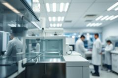 Blurred image of a modern laboratory with scientists in white coats working at equipment. The clean, bright environment features stainless steel surfaces and fluorescent lighting. Focus is on research and scientific work in a sterile lab setting.