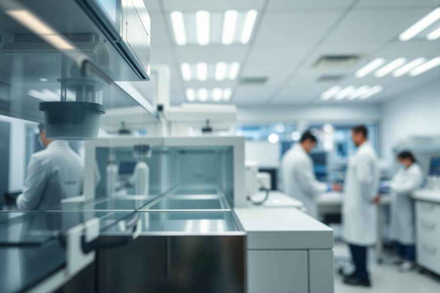 Blurred image of a modern laboratory with scientists in white coats working at equipment. The clean, bright environment features stainless steel surfaces and fluorescent lighting. Focus is on research and scientific work in a sterile lab setting.