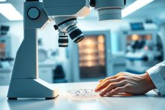 Laboratory scene with a microscope focused on a petri dish. Scientific research, biology, and medical analysis are depicted in a clean, modern lab setting with bright lighting and a focus on precision and discovery. Blue and white tones dominate the image.