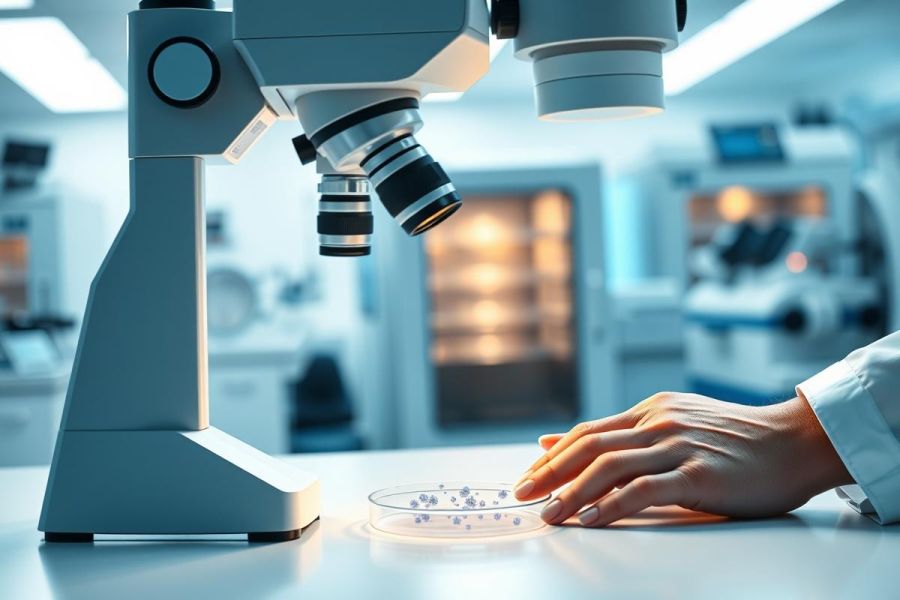 Laboratory scene with a microscope focused on a petri dish. Scientific research, biology, and medical analysis are depicted in a clean, modern lab setting with bright lighting and a focus on precision and discovery. Blue and white tones dominate the image.