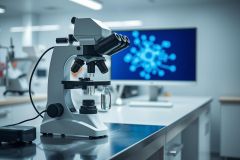 Microscope in a modern laboratory setting. A detailed view of the microscope is showcased against a blurred background featuring a monitor displaying a blue virus graphic. Science, research, and medical investigation themes are prominent in this image.