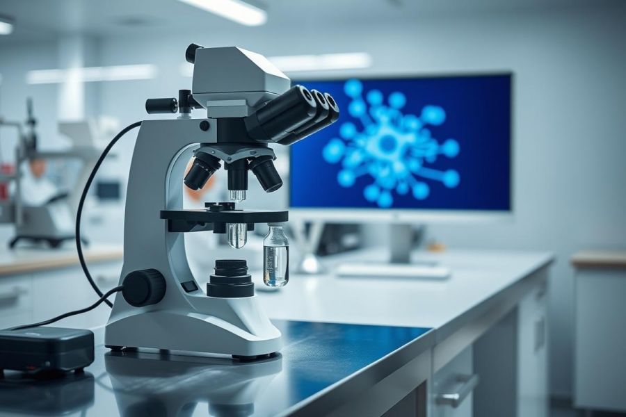 Microscope in a modern laboratory setting. A detailed view of the microscope is showcased against a blurred background featuring a monitor displaying a blue virus graphic. Science, research, and medical investigation themes are prominent in this image.