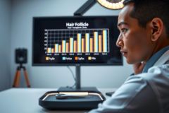 Close-up of a man examining hair follicles on a monitor. The image showcases a medical or scientific setting with a focus on hair analysis and research. Bright lighting and a detailed view highlight the subject.