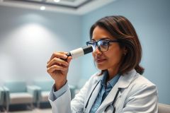 A female doctor in a white coat and glasses examines a patient's eye with an ophthalmoscope in a modern, light blue medical office. Healthcare professional, eye exam, medical checkup, doctor, ophthalmology.