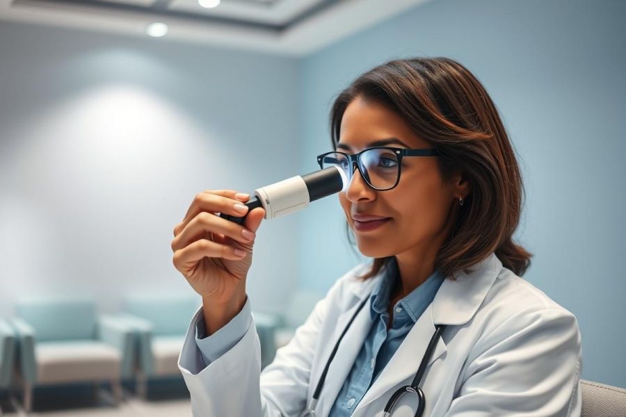 A female doctor in a white coat and glasses examines a patient's eye with an ophthalmoscope in a modern, light blue medical office. Healthcare professional, eye exam, medical checkup, doctor, ophthalmology.