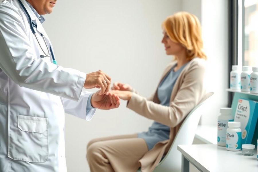 A doctor examines a patient's hand in an office setting. A healthcare worker in a white coat examines the patient's hand. A clinical setting with medication vials visible. The focus is on patient care and the medical examination.
