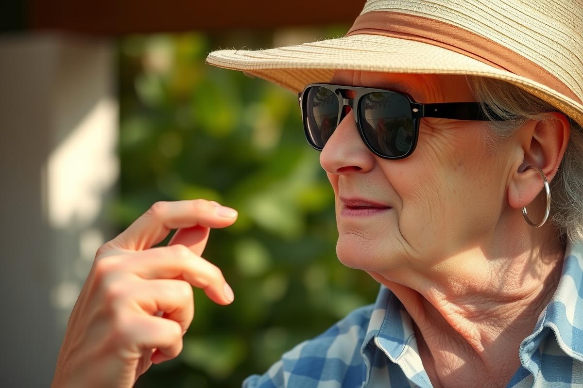 The image shows a person, likely an elderly woman with white hair and glasses. She's wearing sunglasses on her head and is pointing at something, possibly discussing or directing attention towards it.
