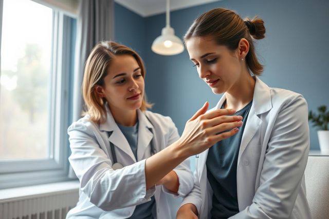Doctor examining patient's hand in a bright medical office. Two women, one in a white coat with a stethoscope, assess a wrist injury. Blue walls and natural light create a calm, clinical setting. Healthcare, examination, and wellness theme.