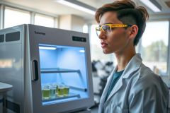 Scientist in lab coat examines samples in an incubator. The image shows a modern laboratory setting with equipment and glassware, demonstrating scientific research and analysis.