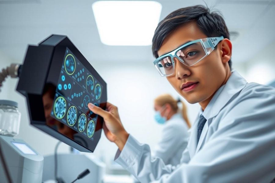 Scientist in lab coat and glasses examines a digital tablet displaying microscopic images. Focus on research, biology, and technology in a modern laboratory setting. White, blue, and green tones.
