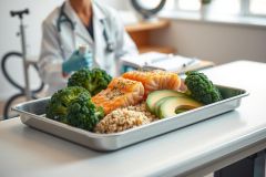 Healthy meal on a tray: salmon, brown rice, and broccoli. A medical professional is visible in the background, suggesting a hospital or healthcare setting. Focus on nutrition and wellness.