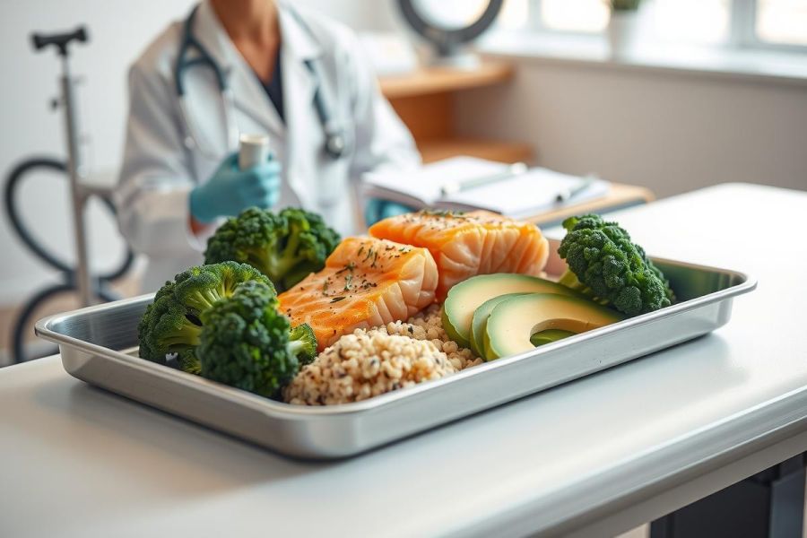 Healthy meal on a tray: salmon, brown rice, and broccoli. A medical professional is visible in the background, suggesting a hospital or healthcare setting. Focus on nutrition and wellness.