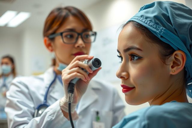 A female doctor examines a patient with an otoscope in a clinical setting. She wears a white coat and mask, highlighting healthcare and medical examination. The scene emphasizes professional medical care.