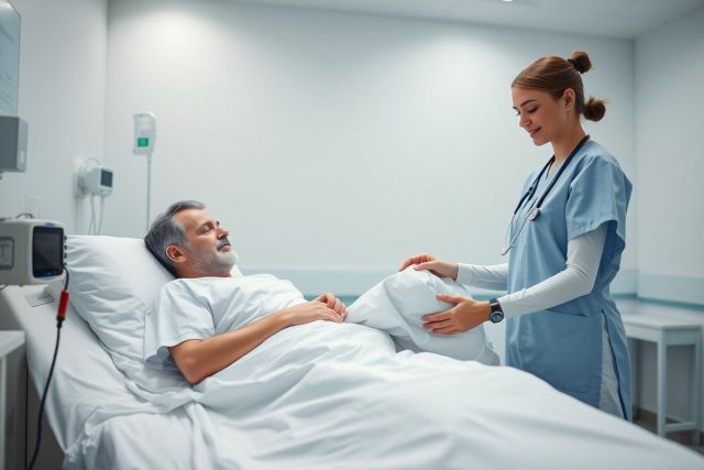 A nurse assists a patient in a bright, modern hospital room. The image depicts healthcare, patient care, and medical assistance with a focus on a clean, white environment and blue scrubs. Represents recovery and hospital setting.