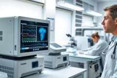 Doctor examines medical imaging results on a monitor in a laboratory setting. Focus on diagnostics, healthcare technology, and medical analysis. Bright, clean environment with advanced equipment.