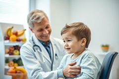 Doctor examining a young boy in a bright, modern clinic. Focus on healthcare, pediatric care, and healthy eating with a background of fresh fruit. Friendly doctor-patient interaction.
