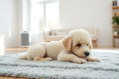 Adorable golden doodle puppy relaxing on a fluffy rug in a bright, modern living room. Cream-colored fur, soft lighting, and a cozy home environment create a heartwarming scene. Perfect for pet lovers and those searching for puppy photos.