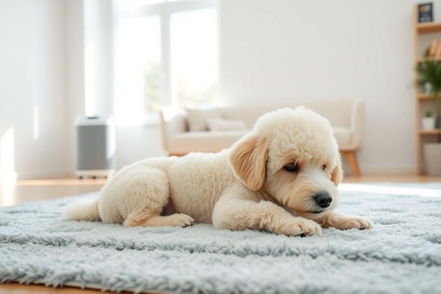 Adorable golden doodle puppy relaxing on a fluffy rug in a bright, modern living room. Cream-colored fur, soft lighting, and a cozy home environment create a heartwarming scene. Perfect for pet lovers and those searching for puppy photos.