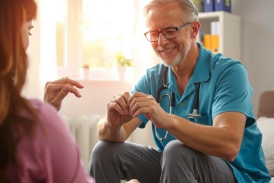The image depicts a healthcare professional, likely a doctor, sitting on the edge of a bed. The patient appears to be in a good mood and is possibly receiving medical advice or being advised on health concerns.