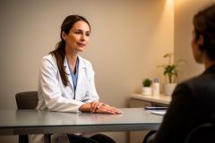 Clinician in a white coat listening attentively to a patient across a consultation desk.