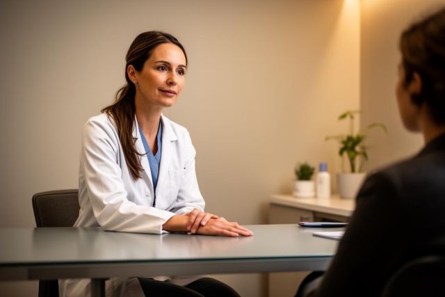 Clinician in a white coat listening attentively to a patient across a consultation desk.