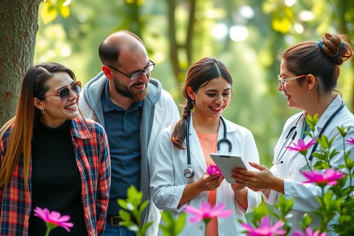 This image shows a group of five medical professionals, including doctors and nurses, gathered in what appears to be a park or garden setting. They are smiling at the camera, suggesting a positive and collaborative atmosphere.