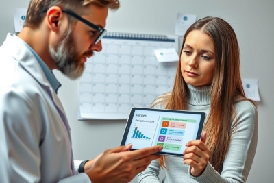 In a medical office, a doctor presents data on a tablet to a female patient. The woman is seated and the doctor stands with his hands resting on the tablet, which displays health statistics and possibly prescribed medications.
