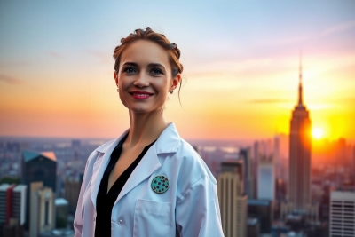 The image features a woman standing against the backdrop of a city skyline. She is dressed in professional attire, including a lab coat over a black top, suggesting she may be a doctor or scientist. The sun is low on the horizon, indicating either dawn or dusk. Her expression and body language suggest confidence and achievement.