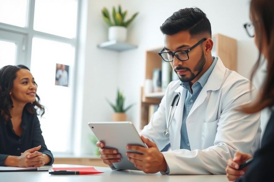 Doctor examines tablet during consultation. Healthcare professional in white coat, discussing with patient in modern office setting. Medical discussion, digital health, patient care, consultation.