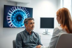 Man at eye exam. Doctor consultation in a modern clinic. Blue eye scan image on screen. Healthcare, vision care, ophthalmology, patient consultation, medical checkup, diagnostic imaging. 