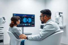 Optometrist examining eye scan results on a monitor in a modern clinic. Two professionals view detailed blue and red retinal imagery. Healthcare, eye care, and diagnostic technology are key themes in this bright, clean setting.