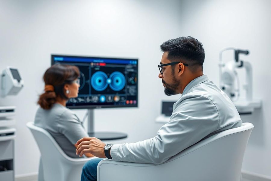Optometrist examining eye scan results on a monitor in a modern clinic. Two professionals view detailed blue and red retinal imagery. Healthcare, eye care, and diagnostic technology are key themes in this bright, clean setting.