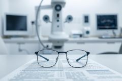 Eyeglasses resting on an eye exam chart in an optometrist's office. Blurred background features diagnostic equipment and monitors. Cool blue and gray tones create a professional, clinical atmosphere. Focus on vision care and eyewear.