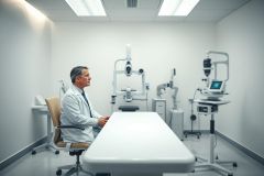 A doctor in a white coat sits in a modern, sterile ophthalmology clinic. The room features advanced diagnostic equipment and a clean, white interior, suggesting eye care and medical technology. Neutral colors and a professional setting.