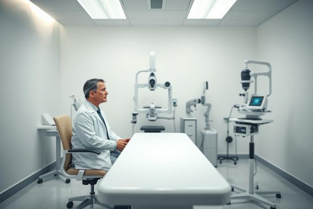 A doctor in a white coat sits in a modern, sterile ophthalmology clinic. The room features advanced diagnostic equipment and a clean, white interior, suggesting eye care and medical technology. Neutral colors and a professional setting.