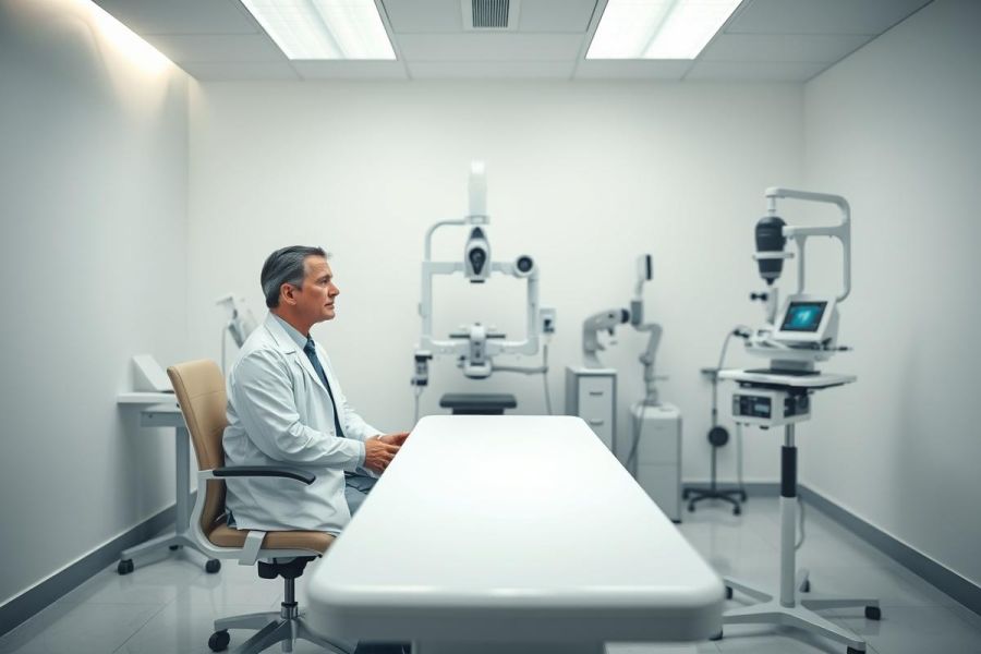 A doctor in a white coat sits in a modern, sterile ophthalmology clinic. The room features advanced diagnostic equipment and a clean, white interior, suggesting eye care and medical technology. Neutral colors and a professional setting.