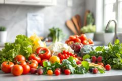 Vibrant still life of fresh produce on a kitchen counter. Red tomatoes, leafy greens, yellow squash, berries, and other colorful fruits and vegetables are arranged in a bright, modern kitchen setting. Healthy eating, organic food, and kitchen decor themes are present.