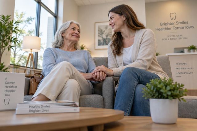 Two women in a dental clinic waiting room, supportive companion holding patient's hands.