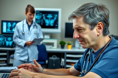 The image depicts a medical office setting. There is a male doctor, wearing a blue shirt and stethoscope around his neck, sitting at a desk working on a laptop. He appears focused on the screen. On the right side of the frame stands another individual, who seems to be a nurse or healthcare professional based on their attire and posture.