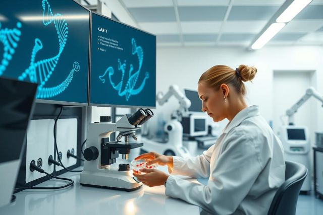 Scientist examining a sample under a microscope in a modern laboratory. Focus on research, biology, and scientific discovery. Bright lighting and clean environment.
