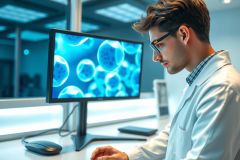 Scientist in a lab coat analyzes data on a computer monitor. The image showcases a modern laboratory environment with a focus on scientific research and technology.